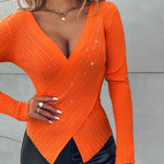 Rhinestone Decor Overlap V Neck Long Sleeve Knit Sweater Asymmetrical Hem Slim Fit Textured Pullover Top