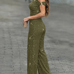 Women's Glitter Textured Two Piece Outfits Plisse Skew Neck Ruched Top and High Waisted Straight Leg Pants Set