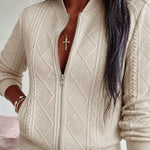 Women's Vintage Cable Knit Bomber Jacket Casual Argyle Zip Up Crop Coat with Pockets