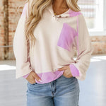 Women's Colorblock Henley Hoodie Pullover Casual Drawstring Long Sleeve Loose Sweatshirt