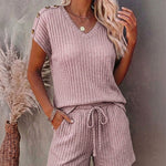 Women's Ribbed Knit 2 Piece Outfits V Neck Short Sleeve Top and Drawstring Shorts Set Casual Lounge Suits with Pockets