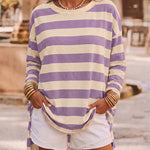 Women's Striped T Shirt Long Sleeve Drop Shoulder Crewneck Tee Side Slit Casual Loose Fit Top