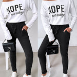 2 Pieces Outfit NOPE. not today Slogan Print Skew Neck Long Sleeve Pullover Top and Casual Drawstring Stretchy Waist Slim Fit Pants Set