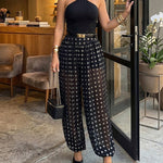 CHICME Women's Polka Dot Sheer Lantern Pants High Waist Loose Fit Harem Pants Vintage See-Through Trousers with Lining