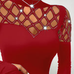 Rhinestone Hollow Out Cold Shoulder Long Sleeve Top Casual Tee
