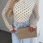 Women's Mesh Polka Dot Top Lined Sheer Long Sleeve Tee Crewneck Slim Fit Layering Under Base Top with Thumbholes