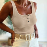 U-Neck Sleeveless Half Button Front Tank Slim Fit Backless Knit Waffle Tank Top