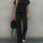 Women's 2 Piece Knit Set Lace Patchwork Short Sleeve Top and Wide Leg Pants Casual Ribbed Brushed Lounge Set