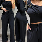 2 Pieces Outfit One Shoulder Metal Buckle Decor Long Sleeve Ruched Crop Top and Drawstring Elastic Waist Wide Leg Pants Set Casual Ribbed Set