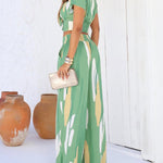 2 Pieces Outfit V Neck Petal Sleeve Tie Front Shirred Back Hem Crop Top and High Waist Elastic Back Waist Wide Leg Pants Set Casual Colorblock Abstract Print Set