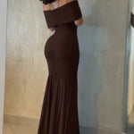 Foldover Off Shoulder Ruched Cinched Waist Minimalist Evening Dress Slim Fit Mermaid Hem Party Dress