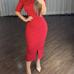 3D Flower Decor Round Neck Puff Sleeve Bodycon Dress Casual Ruched Slit Zipper Back Work Dress