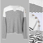 Women's Striped Knit Top Notch Neck Gold Button Drop Shoulder Long Sleeve Sweater