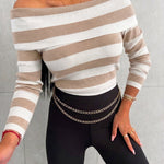 Women's Foldover Off Shoulder Striped Pullover Long Sleeve Slim Fit Knit Top