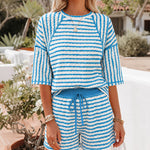 Women's Striped Textured 2 Piece Set Crewneck Raglan Half Sleeve Top and Elastic Drawstring Shorts Casual Loungewear