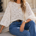 Women's Sheer Floral Lace Backless Bowknot Blouse Lantern Sleeve Crop Top