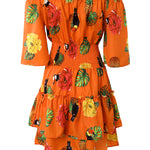 Women's Stretchy Off Shoulder Vacation Dress Tropical Fruit Floral Shirred Waist Ruffle Hem A Line Dress