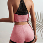 2 Pieces Colorblock Halter Contrast Lace Backless Tank Top & Waffle Knit Casual Shorts Sets