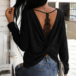 Women's Long Sleeve Knit Top Backless Twist Lace Panel Casual Tee