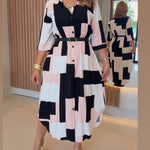 Women's Colorblock Geometric Shirt Dress Casual Three-Quarter Sleeves Asymmetrical Hem Commuting Dress with Belt