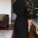 3D Polka Dot Appliques Mesh Lantern Sleeve Zipper Back Slit Work Dress Cinched Waist Slim Fit Mid Length Dress With Belt