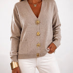 Women's Gold Button Knit Cardigan V Neck Sweater with Pockets