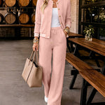 Women's 2 Piece Cable Knit Tracksuit Baseball Collar Crop Coat and High Waist Pants Set