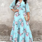 Women's Floral Print Ruffle Hem Maxi Dress V-Neck Three Quarters Sleeve Shirred Back A-Line Vacation Dress