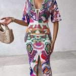 Women's Sexy Deep V Neck Abstract Print Maxi Dress Drawstring Ruched Front Slit Half Sleeve Bodycon Dress