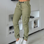 Zipper Fly Drawstring Elastic Back Waist Cuffed Trousers Casual Multiple Flap Pockets Design Cargo Pants