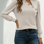 Button Decor Asymmetrical V-Neck Long Sleeve Ribbed Tee Casual Knit Brushed Top
