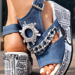 Newspaper Rhinestone Gear Pattern Slingback Platform Wedge Sandals