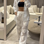 2 Pieces Outfit Jacquard Floral Turn-down Collar Button Front Pockets Design Top and Casual Elastic Back Waist Pants Set With Lining