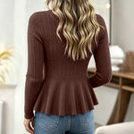 Women's Peplum Ruffle Hem Cardigan Cable Knit Slim Fit Sweater V Neck Gold Bow Button Down Top