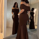 Foldover Off Shoulder Ruched Cinched Waist Minimalist Evening Dress Slim Fit Mermaid Hem Party Dress