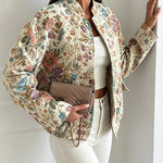 Women's Vintage Floral Jacquard Jacket Elegant Stand Collar Snap Button Loose Fit Coat