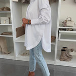 Women's Cotton Oversized Button Down Shirt Long Sleeve Blouse Casual Curved Hem Top
