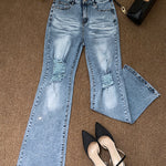 Women's Rhinestone Flare Jeans High Waisted Distressed Ripped Jeans Y2K Retro Streetwear Denim Pants