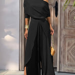 2 Pieces Outfit Cold Shoulder Ruched Batwing Sleeve Top and Casual Elastic Back Wrapped Slit Wide Leg Pants Set