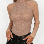 Women's Rhinestone Mesh Long Sleeve Top Mock Neck Sparkle Slim Fit Tee