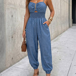 Women's Chain Strap Jumpsuit Hollow Out Shirred Waist Overalls Casual Jogger Jumpsuit with Pockets