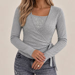 Women's Rhinestone Faux Two-Piece Long Sleeve Wrap Top with Side Tie