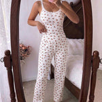 Women's Ditsy Floral Lace Trim Loungewear Set Slim Fit Cami Top and Straight Leg Pants Casual Pajamas Set
