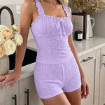 2 Pieces Outfit Square Neck Frill Straps Tied Detail Cami Top and Elastic Waist Shorts Set Slim Fit Hollow-out Jacquard Textured Knit Pajamas Set