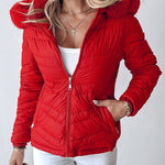 Zipper Pocket Design Shirred Fuzzy Trim Fleece Lined Hooded Puffer Jacket