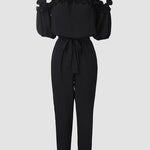 Frill Trim Off Shoulder Short Sleeve Tie Waist Overalls Casual Textured Jumpsuit