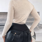 High Neck Long Sleeve Beaded Knit Sweater Hollow-out Fleece Lined Basic Layering Soft Versatile Thermal Top