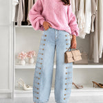 Women's Barrel Jeans High Waisted Side Button Denim Pants Distressed Washed Baggy Trousers Retro Y2K Streetwear