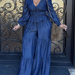 Two-Piece Set Faux Denim Lantern Sleeve Plunge V Neck Lace Up Top and Casua Wide Leg Flared Pants Set