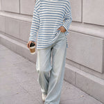 Women's Striped Textured Knit Long Sleeve T-Shirt Casual Side Slit Loose Fit Top